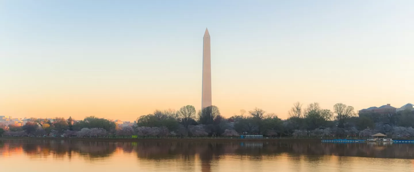A view of the Washington Monument and the Tidal Basin awash in morning light.