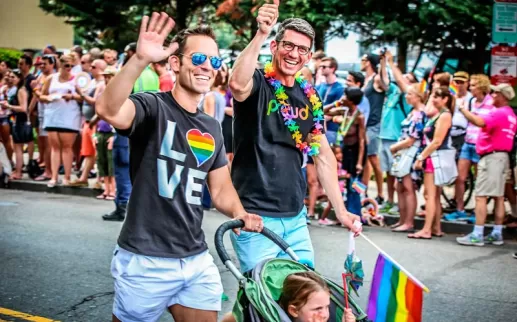 Couple walking with child during Capital Pride Parade - LGBTQ Summer Events in Washington, DC
